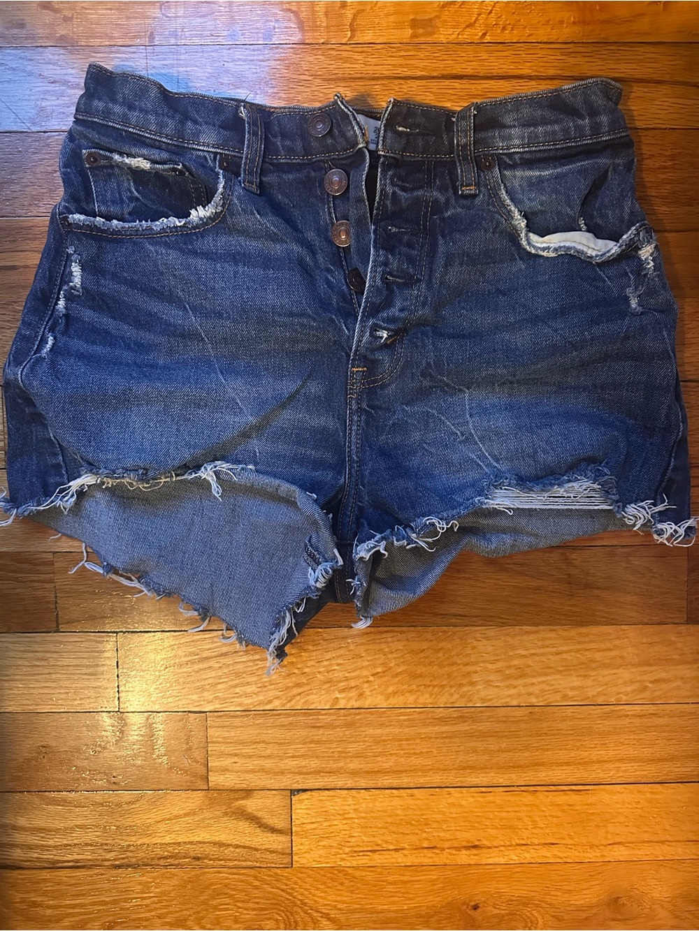 Abercrombie & Fitch Distressed Dark Blue High-Waist Denim Shorts